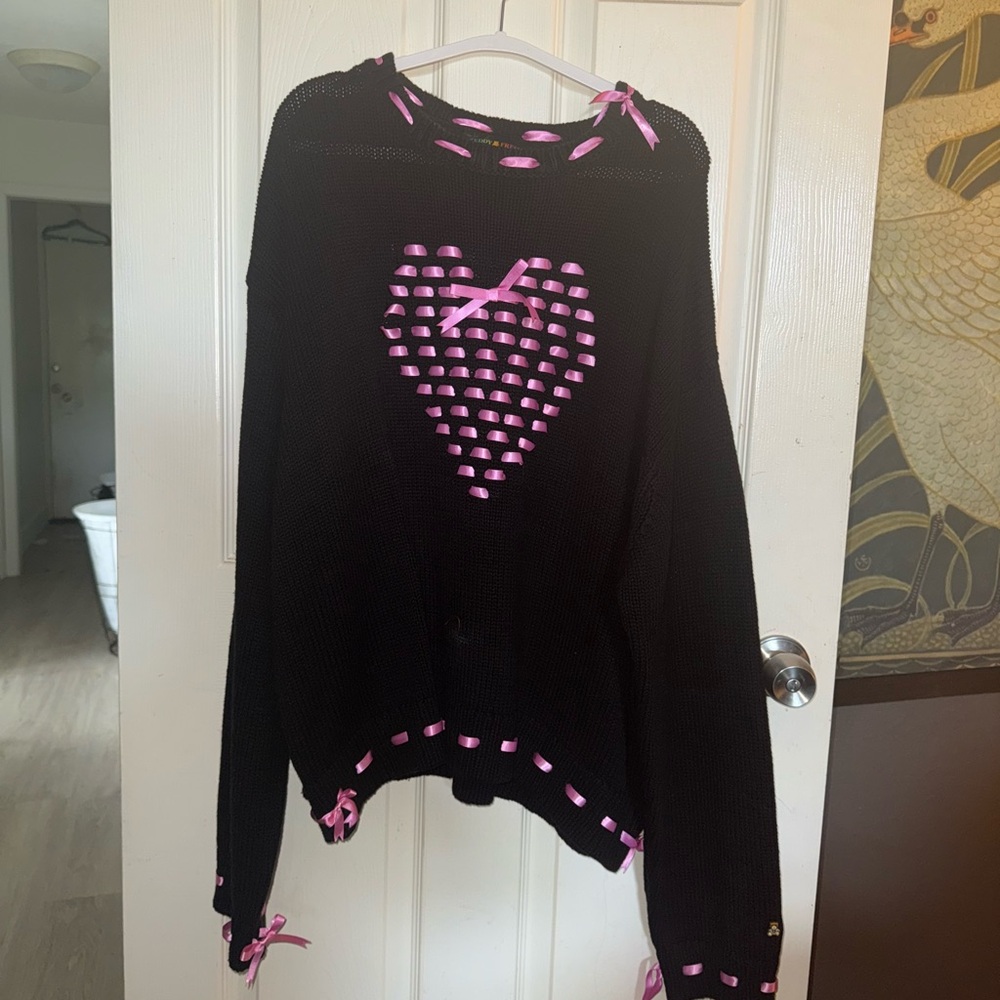 Teddy Fresh Heart U Ribbon Weave Black Sweater with Pink Accents